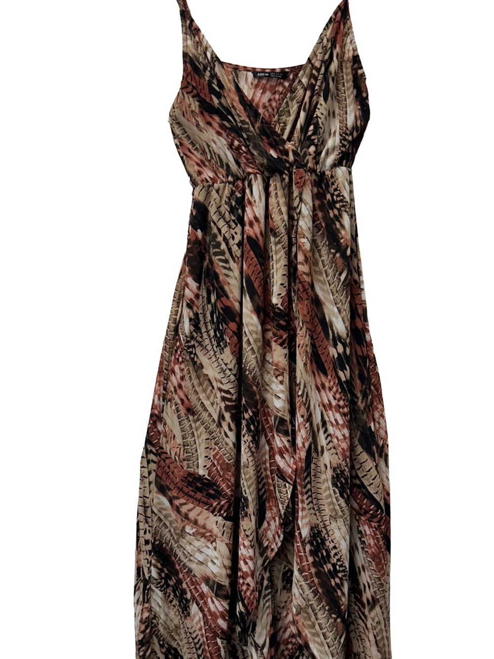 SHEIN Brown and Black Feather-Print Wrap Maxi Dress